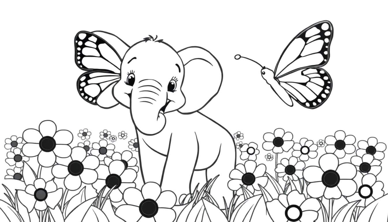A happy baby elephant with a butterfly wing on its head, playing with a butterfly in a field of flowers, a black and white coloring panel.