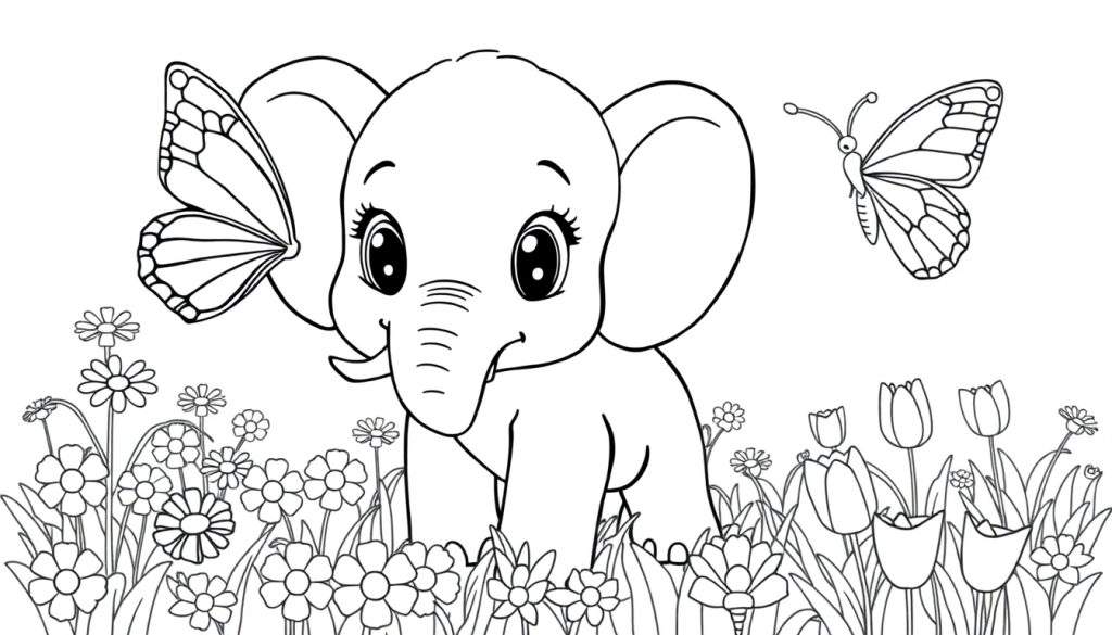 A cute baby elephant, ready for coloring, with butterflies in a flower field color panel.
