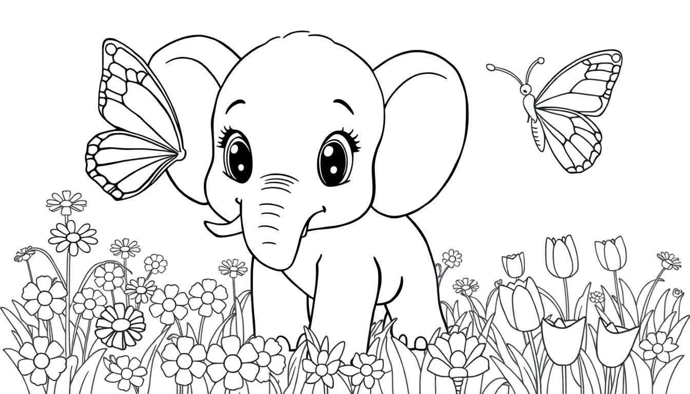 A cute baby elephant, ready for coloring, with butterflies in a flower field color panel.