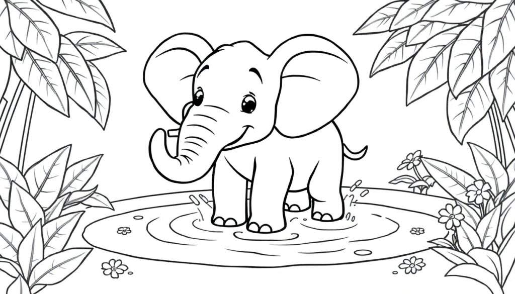 A cute baby elephant with floppy ears and a wiggly trunk in a jungle, ready for the color panel.