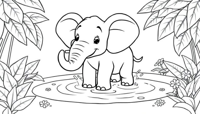 A cute baby elephant with floppy ears and a wiggly trunk in a jungle, ready for the color panel.
