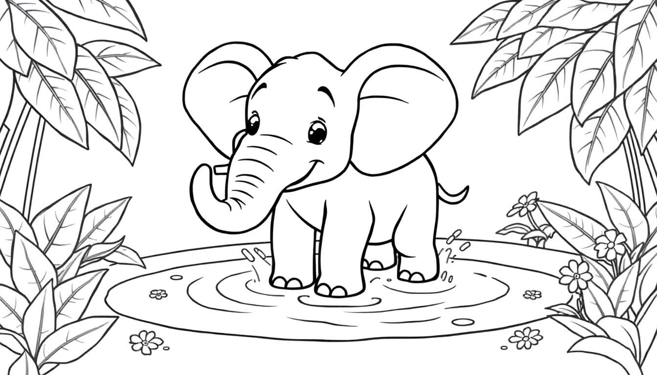 A cute baby elephant with floppy ears and a wiggly trunk in a jungle, ready for the color panel.