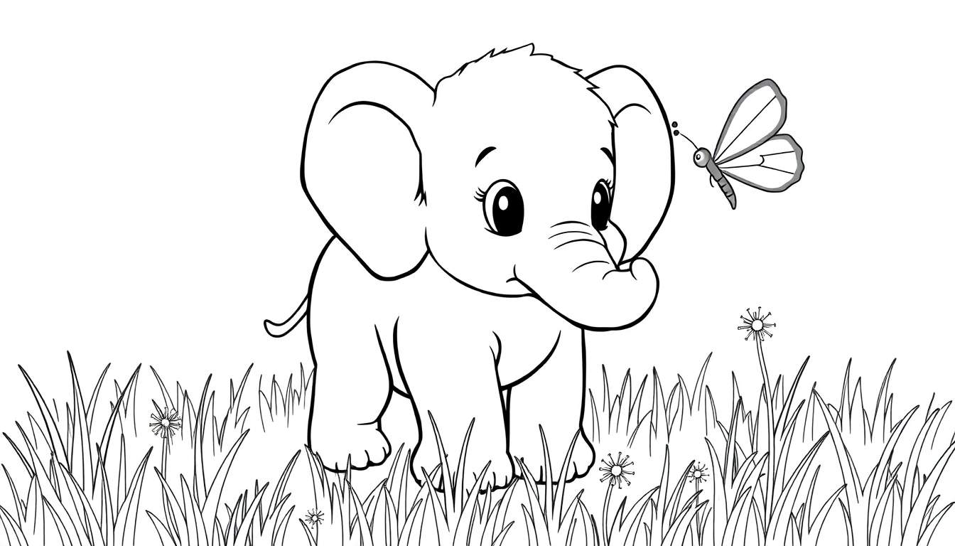 A baby elephant in a black and white color panel, with tall grass and a butterfly.