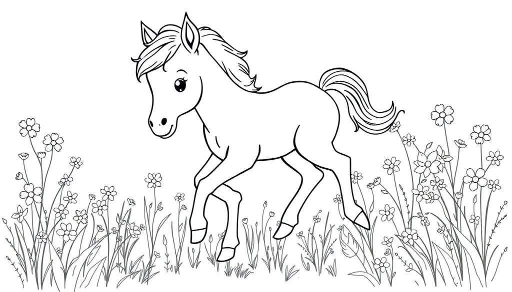 A cute cartoon horse in a field of flowers, a black and white coloring panel.