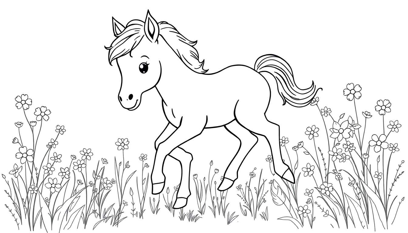 A cute cartoon horse in a field of flowers, a black and white coloring panel.