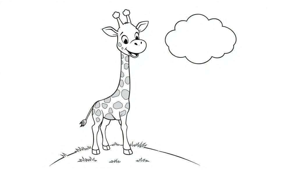 A friendly baby giraffe in a black and white color panel drawing, reaching for a fluffy cloud, perfect for coloring.