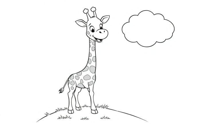 A friendly baby giraffe in a black and white color panel drawing, reaching for a fluffy cloud, perfect for coloring.