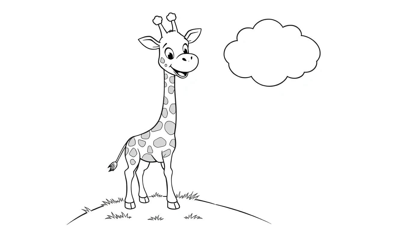 A friendly baby giraffe in a black and white color panel drawing, reaching for a fluffy cloud, perfect for coloring.