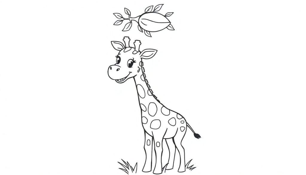 A cute baby giraffe coloring page in black and white, featuring a smiling giraffe reaching for a leafy pod. Perfect for a color panel activity.