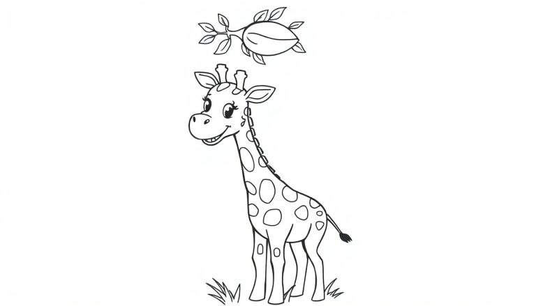 A cute baby giraffe coloring page in black and white, featuring a smiling giraffe reaching for a leafy pod. Perfect for a color panel activity.
