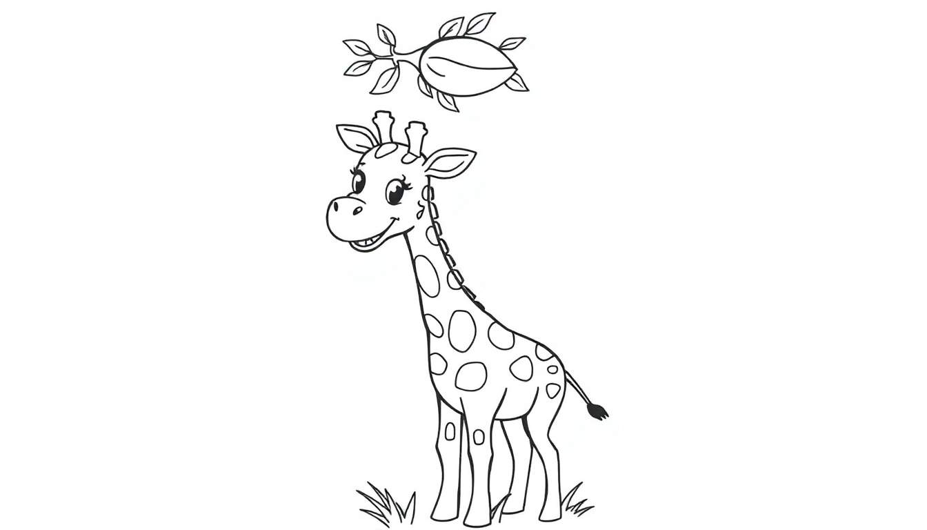 A cute baby giraffe coloring page in black and white, featuring a smiling giraffe reaching for a leafy pod. Perfect for a color panel activity.