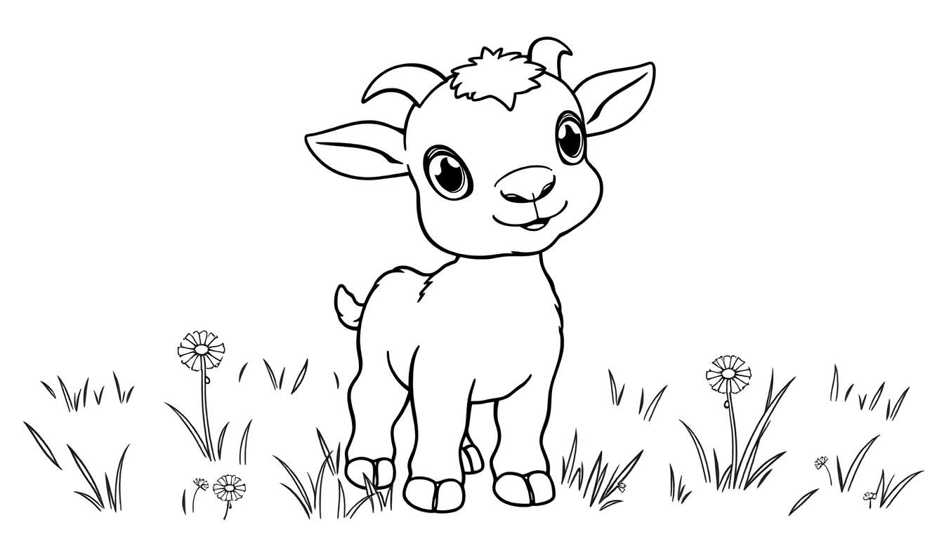 A cute baby goat ready for coloring, a black and white color panel.