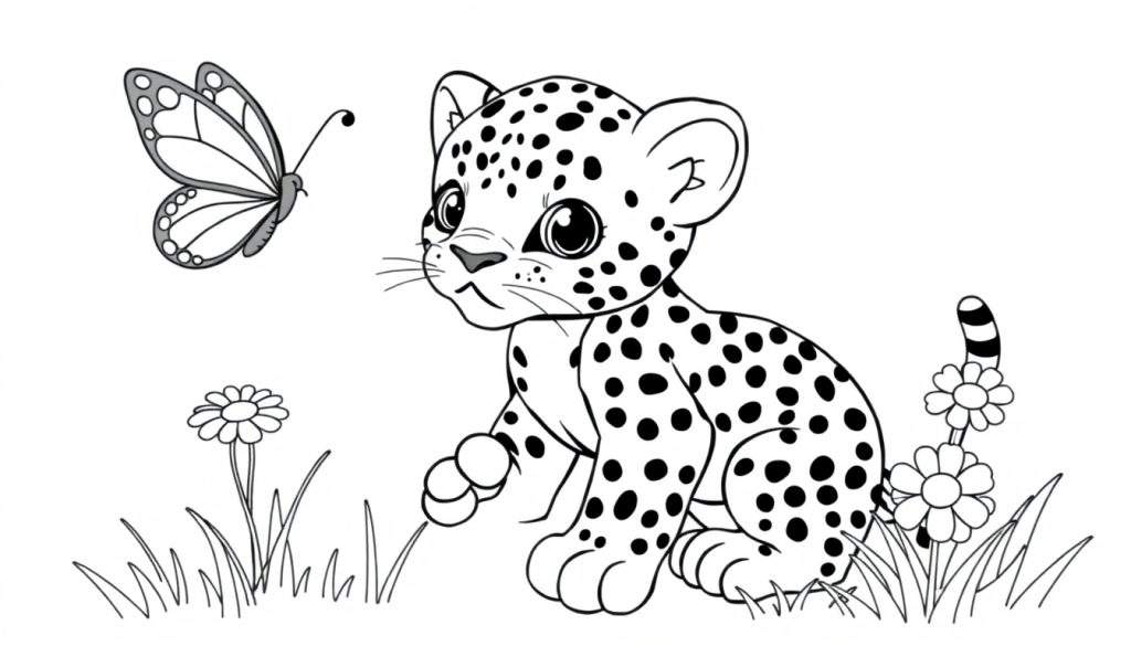 A cute baby leopard in a color panel, looking at a butterfly.