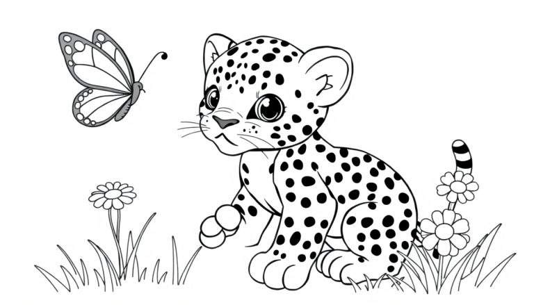 A cute baby leopard in a color panel, looking at a butterfly.