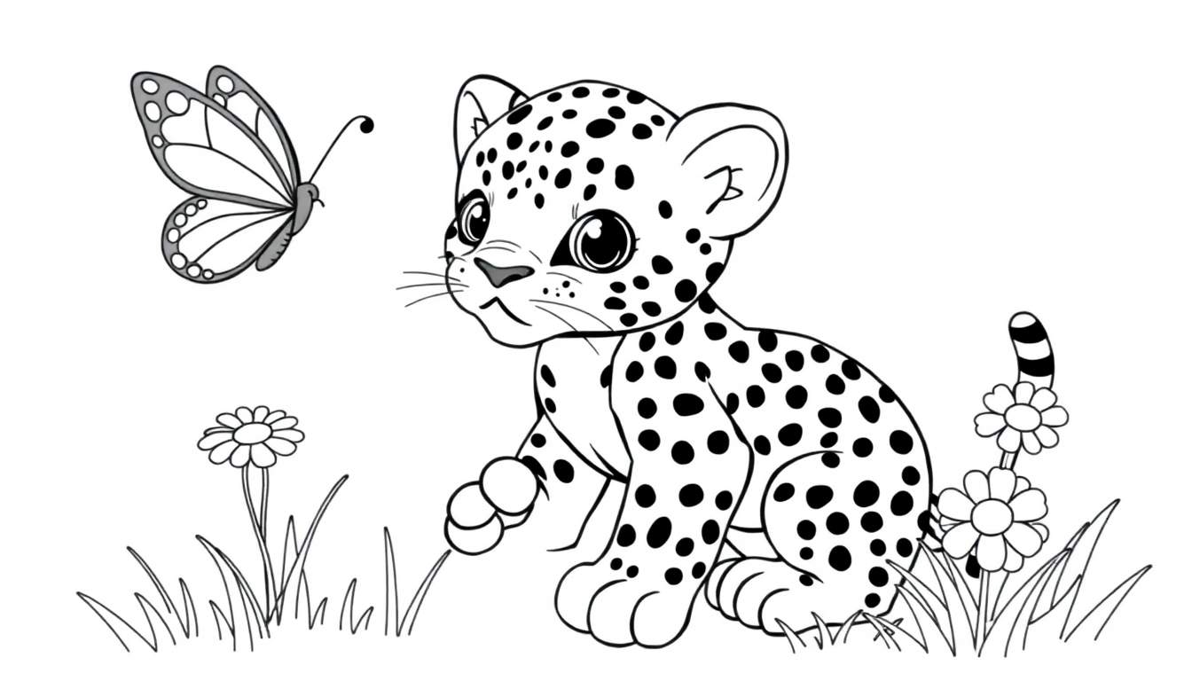 A cute baby leopard in a color panel, looking at a butterfly.
