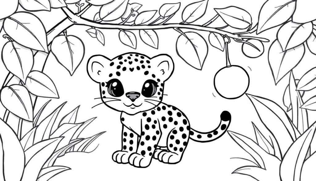 A cute baby leopard in a jungle scene, ready for coloring. This is a black and white line art color panel.