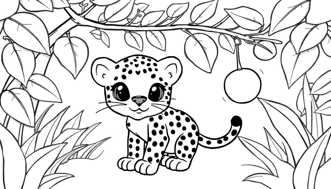 A cute baby leopard in a jungle scene, ready for coloring. This is a black and white line art color panel.