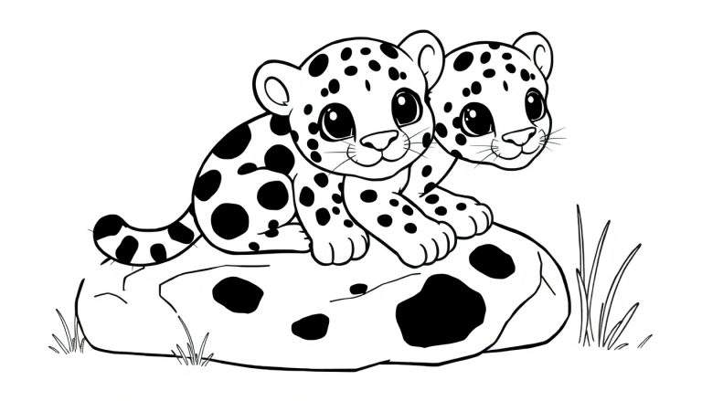 A cute little leopard with big spots, ready for coloring fun. Black and white line art for a color panel.