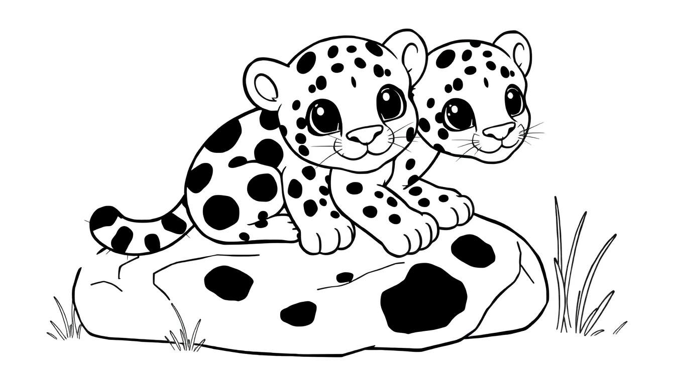 A cute little leopard with big spots, ready for coloring fun. Black and white line art for a color panel.