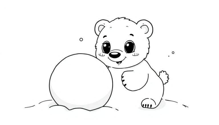 A cute baby polar bear with a big smile next to a large snowball, suitable for a black and white color panel.