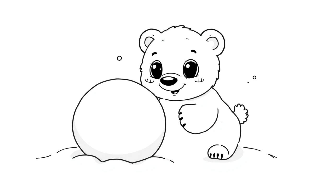 A cute baby polar bear with a big smile next to a large snowball, suitable for a black and white color panel.