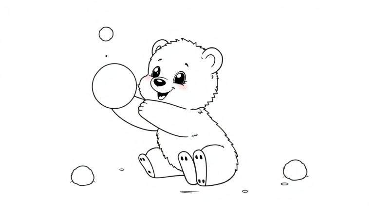 A happy baby polar bear cub in a black and white color panel, holding a snowball and surrounded by more snowballs.