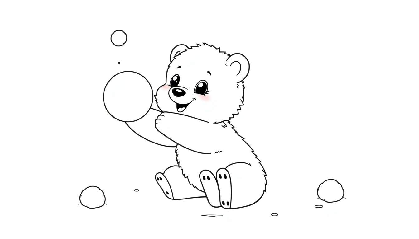 A happy baby polar bear cub in a black and white color panel, holding a snowball and surrounded by more snowballs.