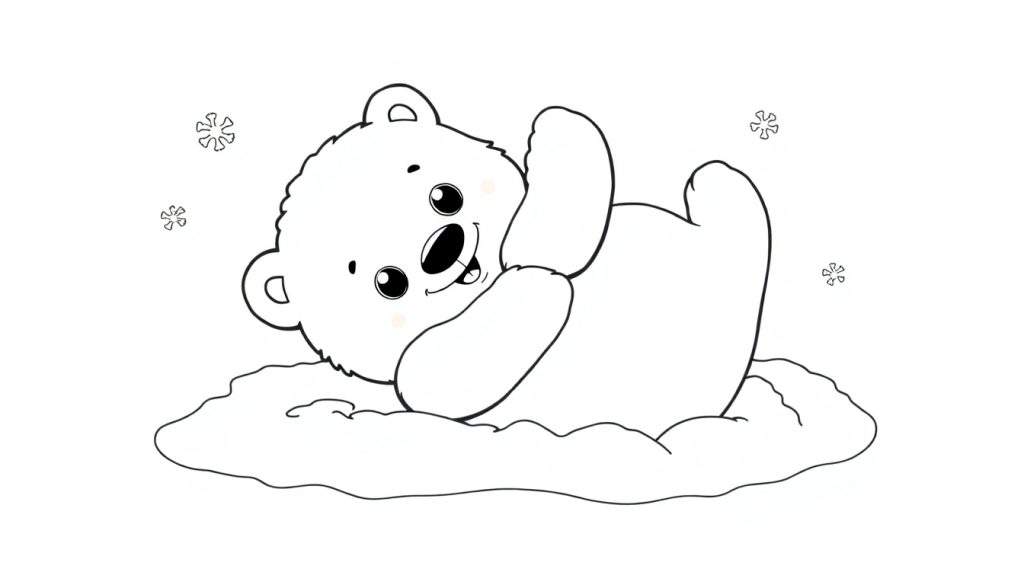 A cute baby polar bear with its tongue out, enjoying a snowy day. This is a black and white coloring panel.