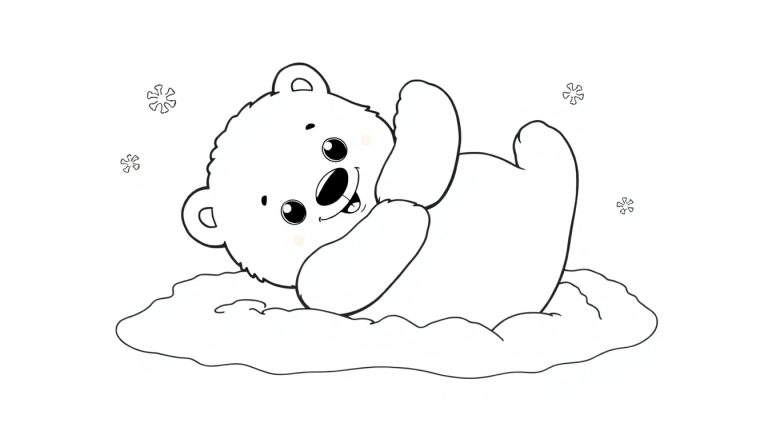A cute baby polar bear with its tongue out, enjoying a snowy day. This is a black and white coloring panel.