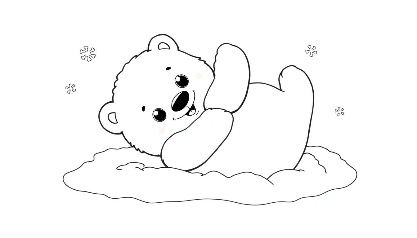 A cute baby polar bear with its tongue out, enjoying a snowy day. This is a black and white coloring panel.