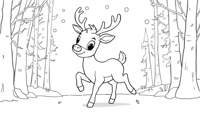 A cute baby reindeer prancing through a snowy forest, a black and white coloring panel.
