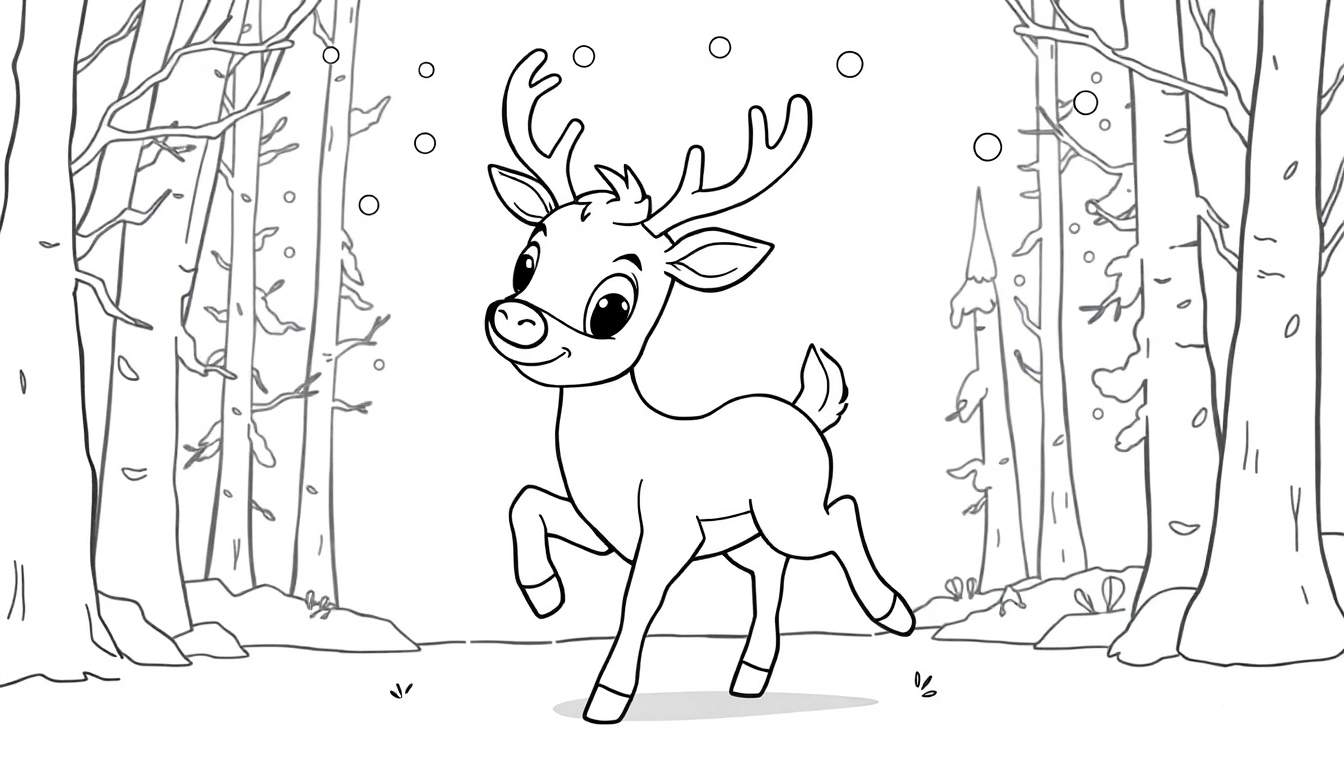 A cute baby reindeer prancing through a snowy forest, a black and white coloring panel.
