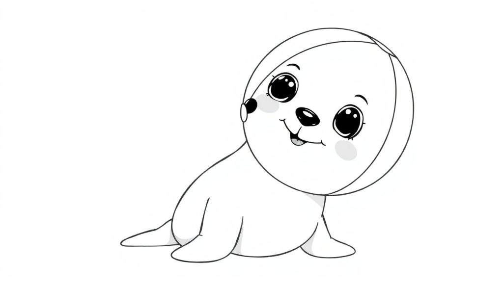A cute baby seal with a big smile, about to balance a beach ball, ready for the color panel.