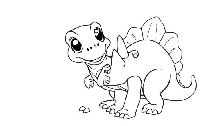 A cute baby Stegosaurus in a black and white outline for a color panel.