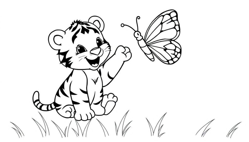 A cartoon tiger cub reaching for a butterfly in a grassy color panel.