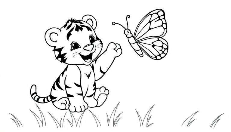 A cartoon tiger cub reaching for a butterfly in a grassy color panel.