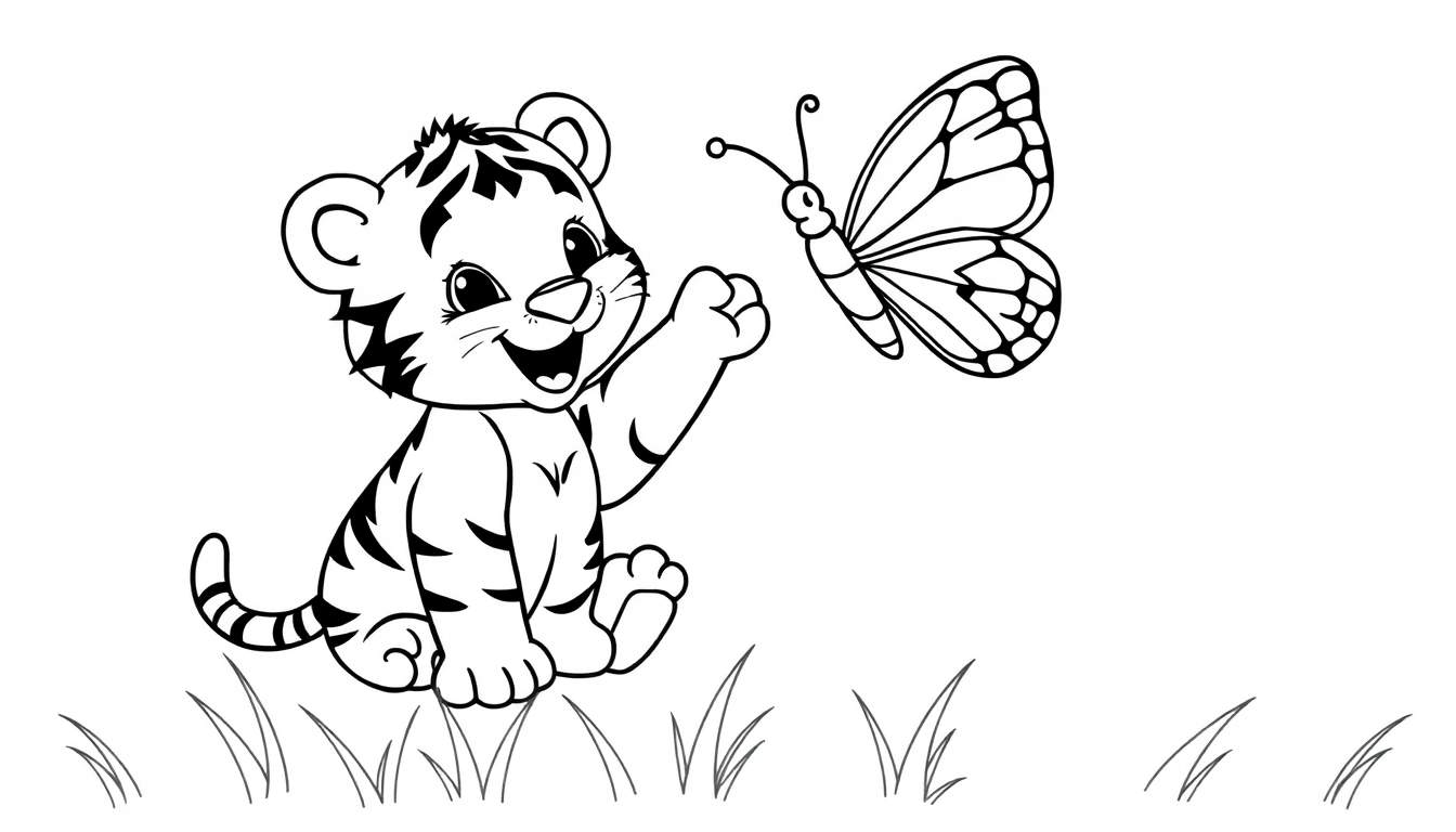 A cartoon tiger cub reaching for a butterfly in a grassy color panel.