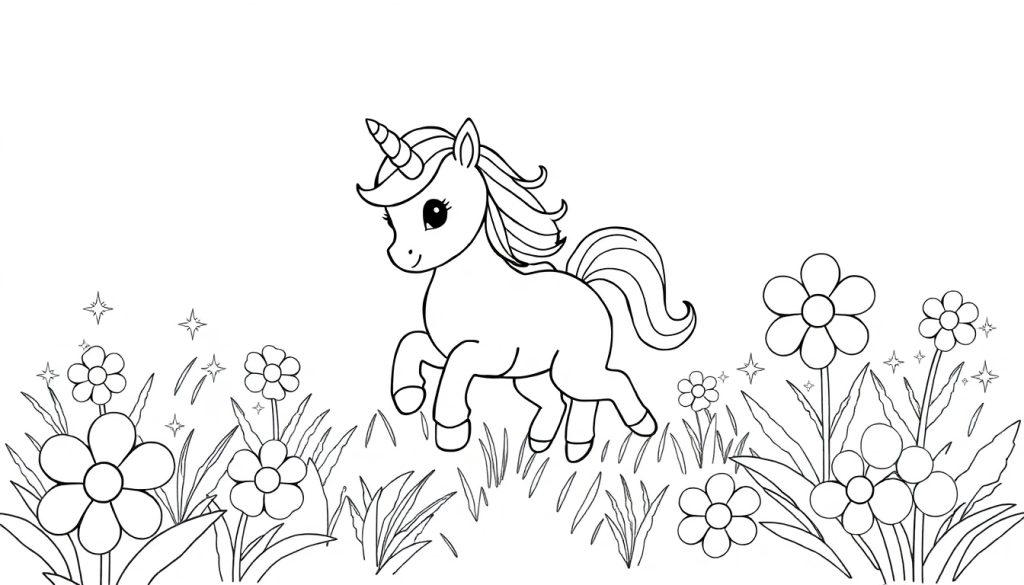 A fluffy baby unicorn with a rainbow mane prancing and coloring in a field of sparkling flowers. Happy coloring!