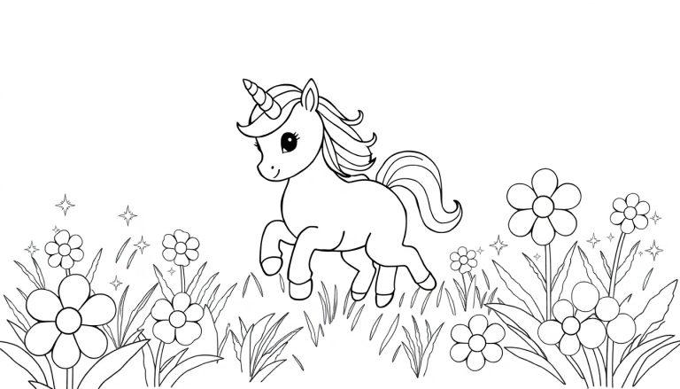 A fluffy baby unicorn with a rainbow mane prancing and coloring in a field of sparkling flowers. Happy coloring!