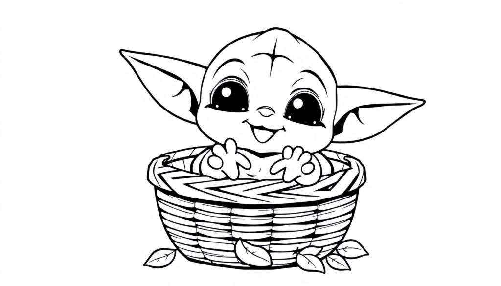 A black and white cartoon of Baby Yoda in a basket, ready for coloring. This color panel is perfect for little artists!