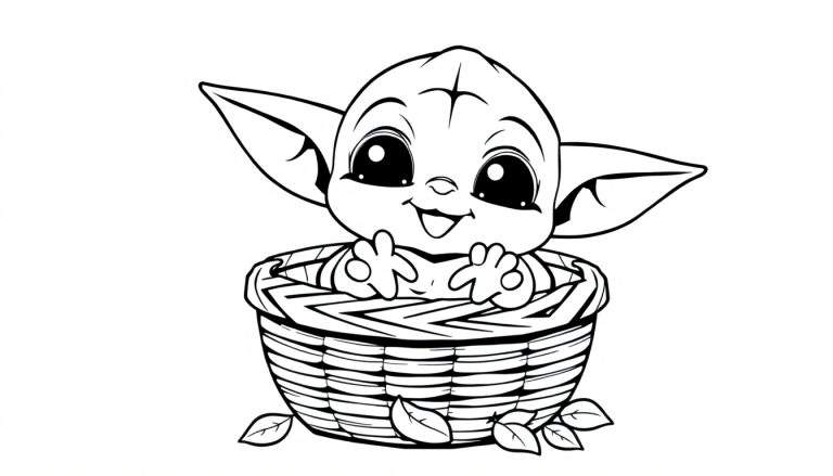 A black and white cartoon of Baby Yoda in a basket, ready for coloring. This color panel is perfect for little artists!