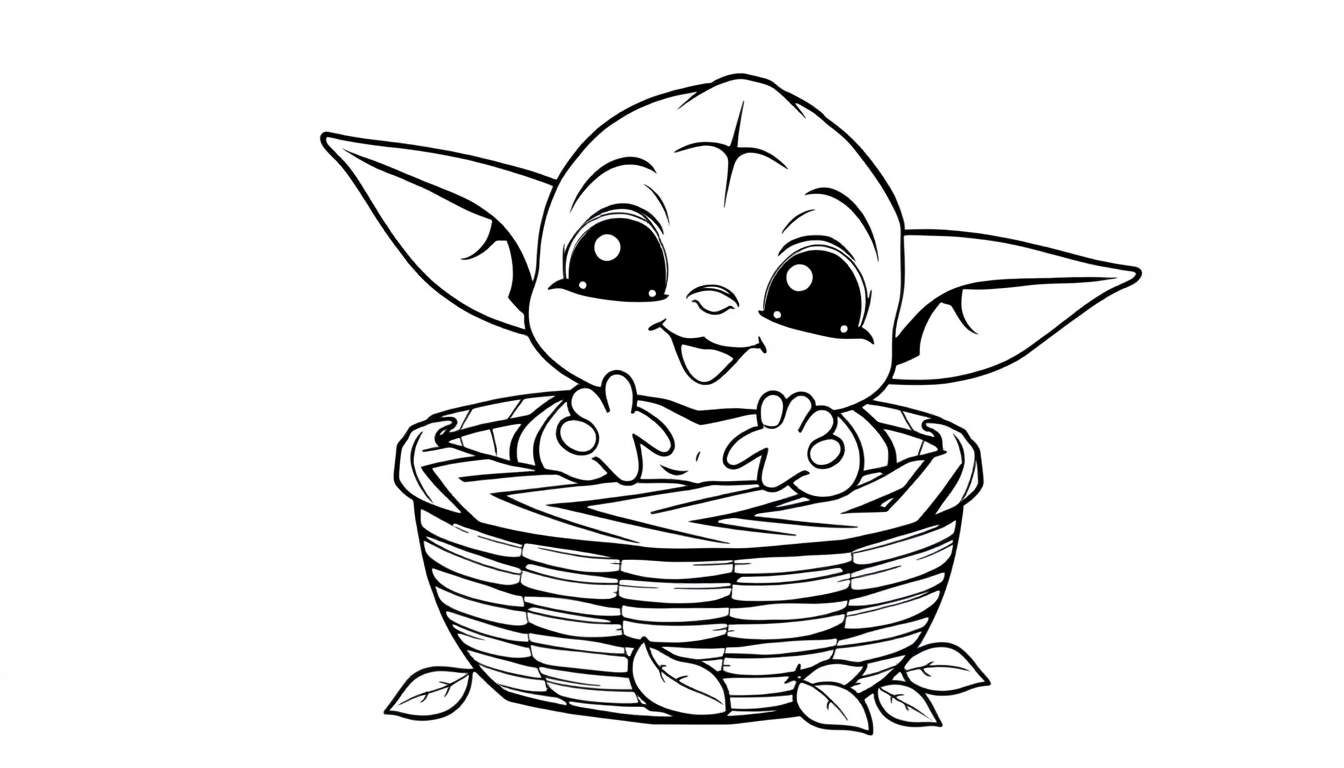 A black and white cartoon of Baby Yoda in a basket, ready for coloring. This color panel is perfect for little artists!