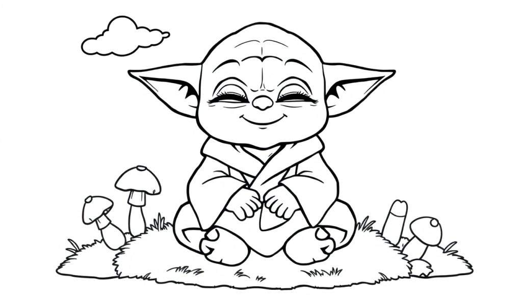 Cute baby Yoda in a color panel, meditating on a mossy planet with mushrooms.