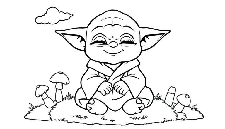 Cute baby Yoda in a color panel, meditating on a mossy planet with mushrooms.