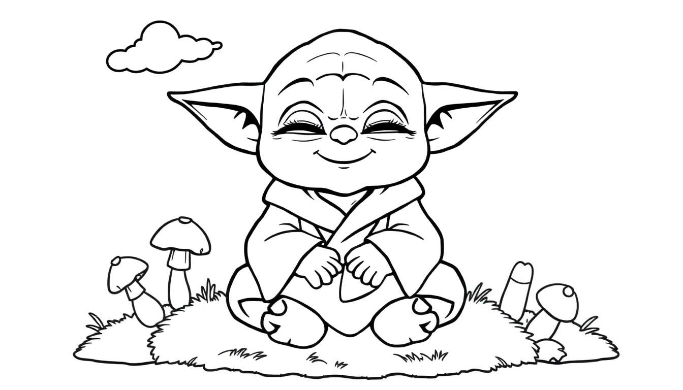 Cute baby Yoda in a color panel, meditating on a mossy planet with mushrooms.