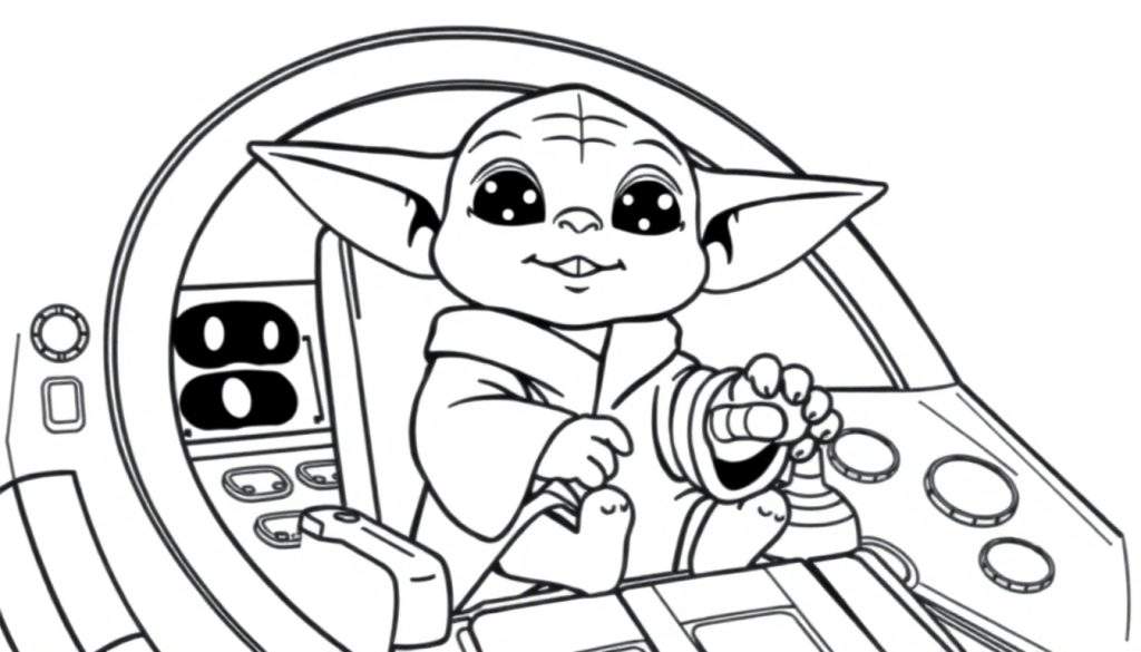 A cute baby Yoda in the Millennium Falcon, black and white coloring panel.
