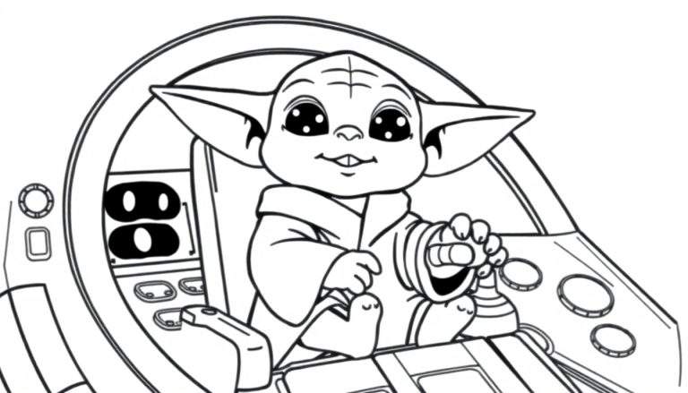 A cute baby Yoda in the Millennium Falcon, black and white coloring panel.