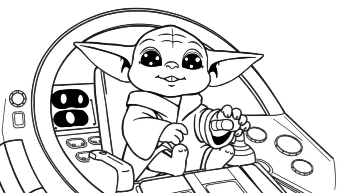A cute baby Yoda in the Millennium Falcon, black and white coloring panel.