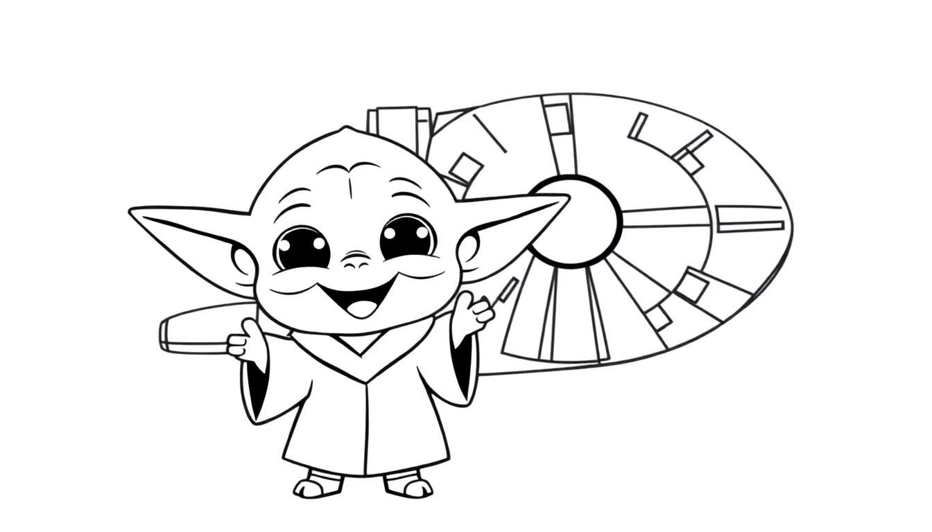 Baby Yoda and the Millennium Falcon, a black and white coloring panel.
