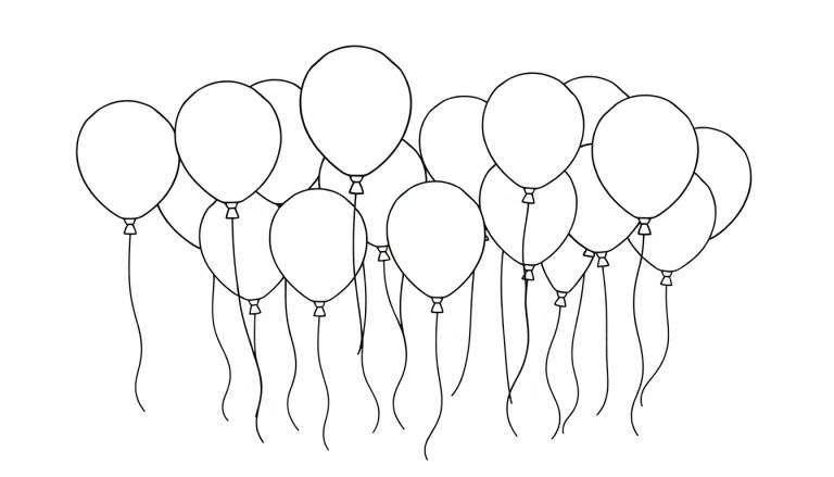 A delightful color panel featuring a line of uncolored balloons, each with a wavy string.
